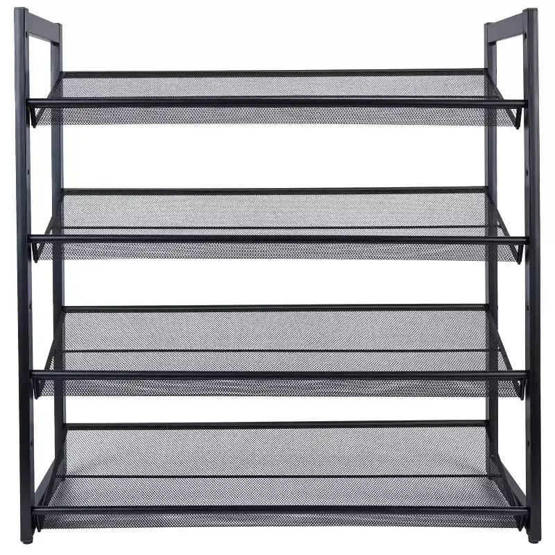 Étagère à chaussures 4 niveaux avec maille noire : cadre en fer, capacité de 16 paires, autoportante, profondeur de 75,7 cm