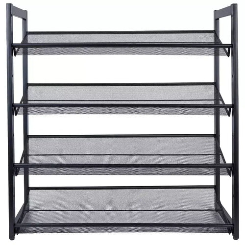Étagère à chaussures 4 niveaux avec maille noire : cadre en fer, capacité de 16 paires, autoportante, profondeur de 75,7 cm