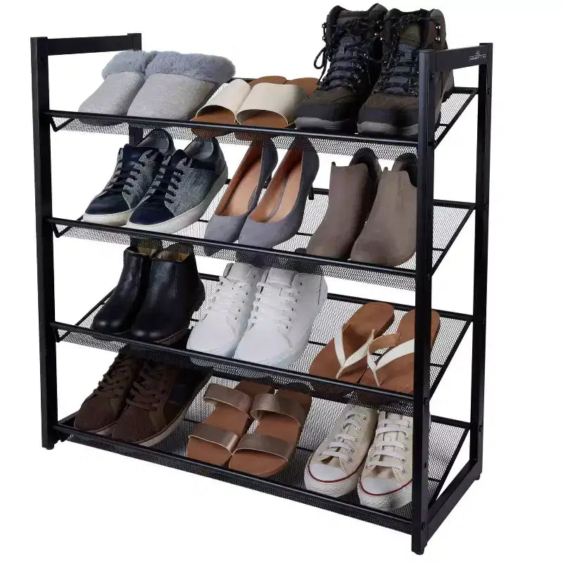 Étagère à chaussures 4 niveaux avec maille noire : cadre en fer, capacité de 16 paires, autoportante, profondeur de 75,7 cm