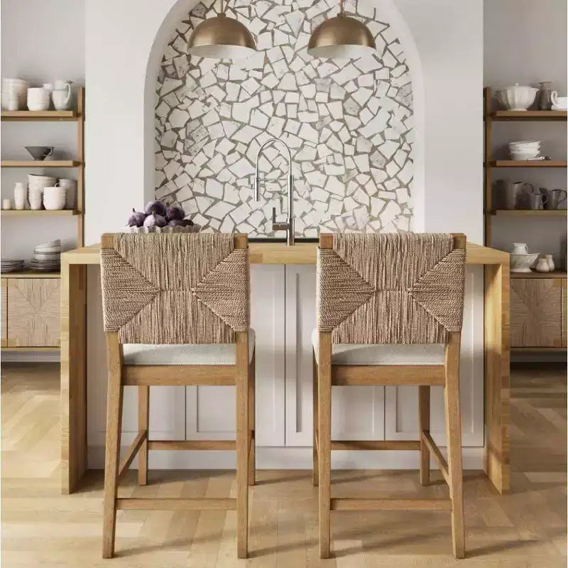 Lot de 2 tabourets de bar hauteur comptoir en jonc de mer et bouclé crème