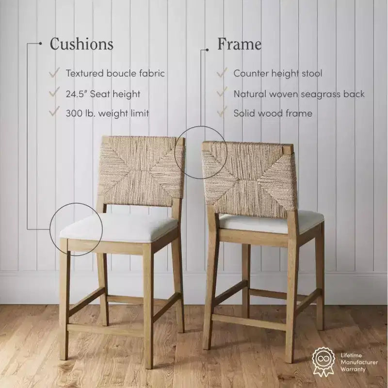 Lot de 2 tabourets de bar hauteur comptoir en jonc de mer et bouclé crème