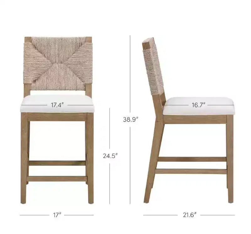 Lot de 2 tabourets de bar hauteur comptoir en jonc de mer et bouclé crème