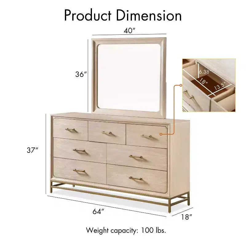  Commode et miroir 2 pièces Boho 7 tiroirs Chêne