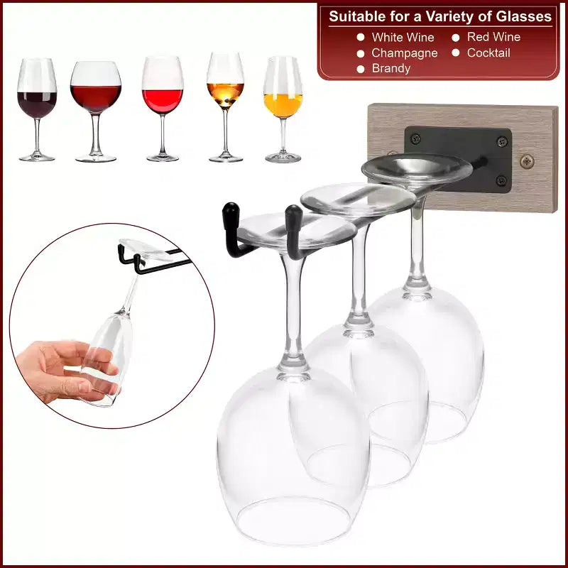 Ensemble de râteliers muraux en fil de fer et bois gris avec support pour verres à pied - pour verres à vin, flûtes à champagne et verres à boire