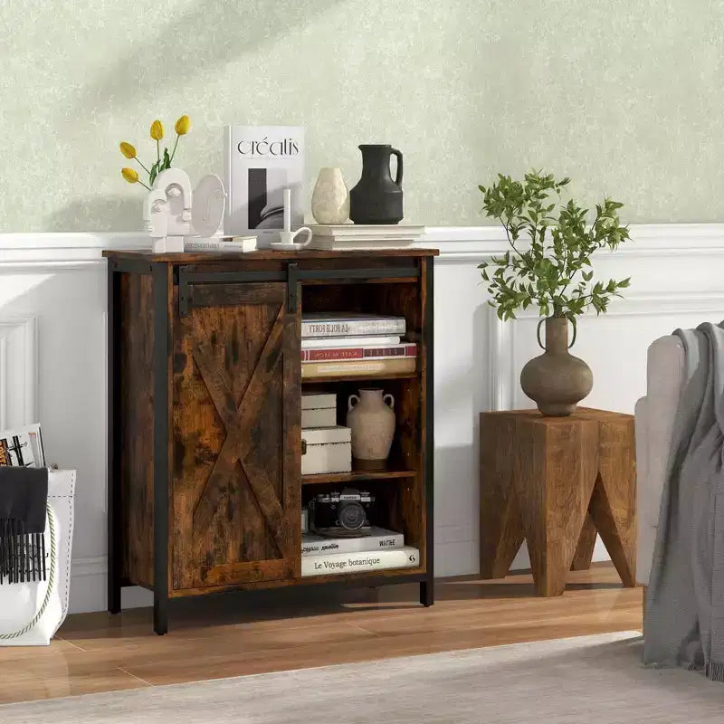 Meuble de rangement 32 po style ferme avec porte coulissante de grange et étagères réglables