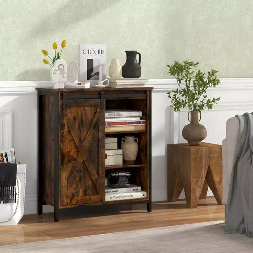 Meuble de rangement 32 po style ferme avec porte coulissante de grange et étagères réglables