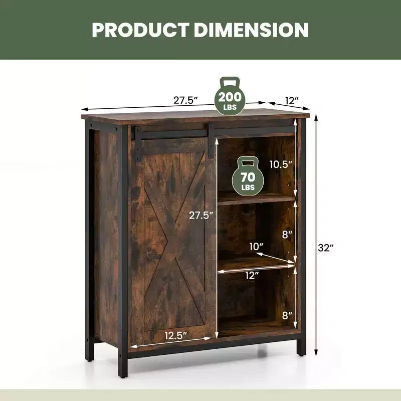 Meuble de rangement 32 po style ferme avec porte coulissante de grange et étagères réglables