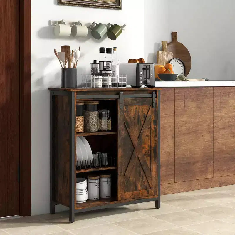 Meuble de rangement 32 po style ferme avec porte coulissante de grange et étagères réglables