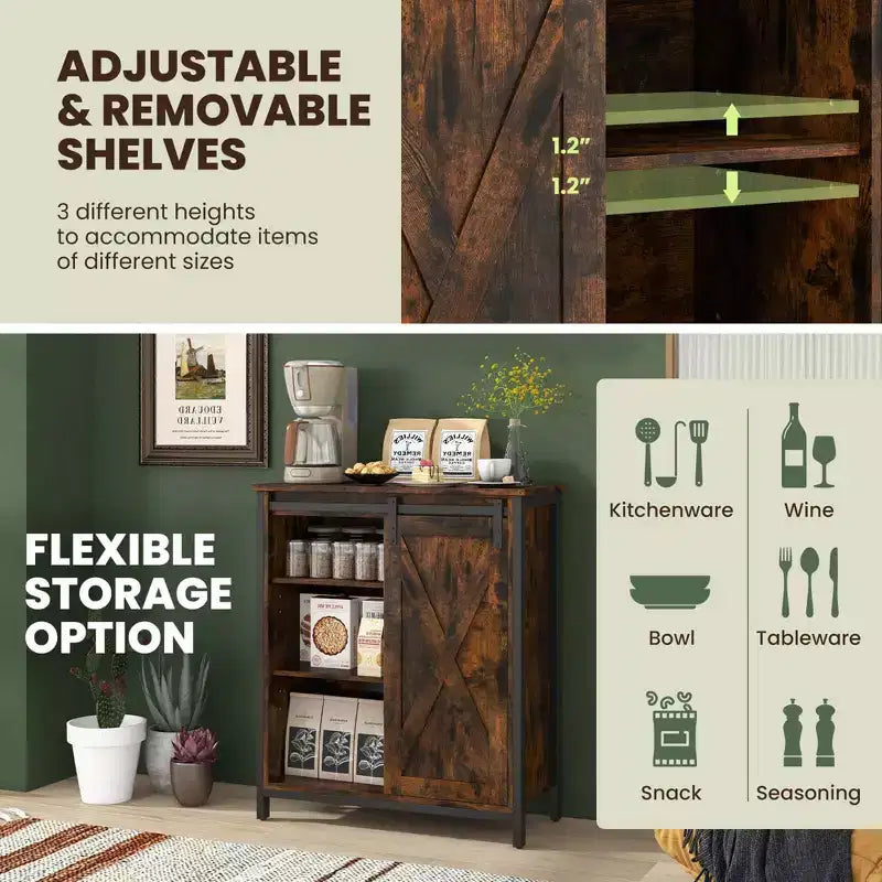 Meuble de rangement 32 po style ferme avec porte coulissante de grange et étagères réglables