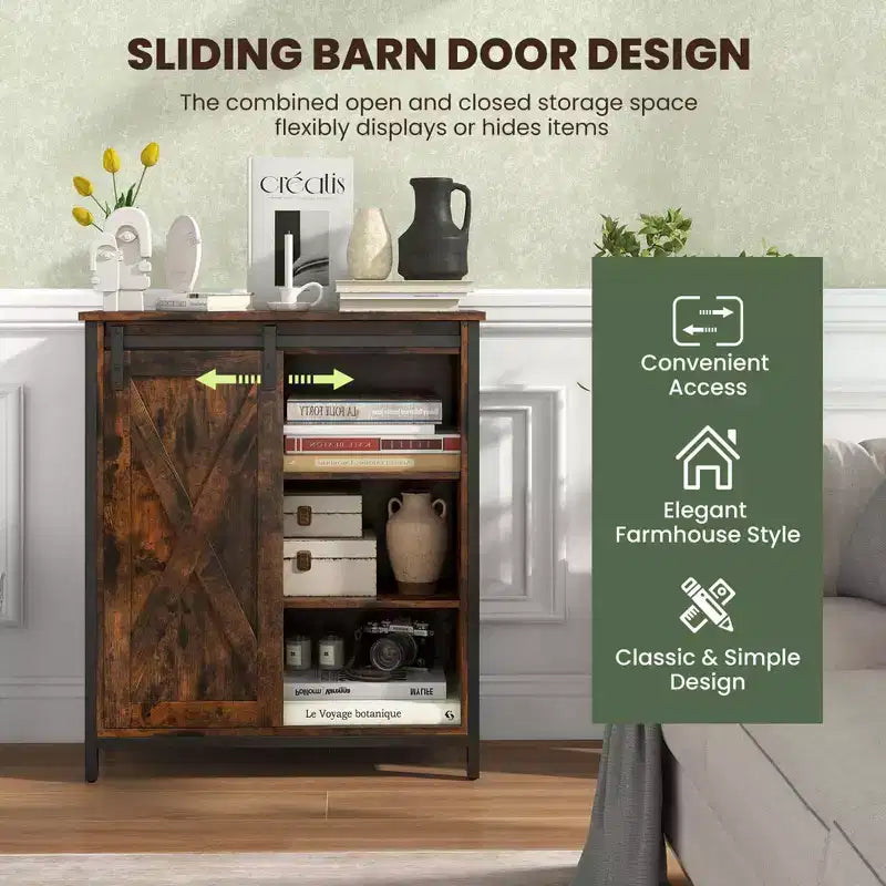 Meuble de rangement 32 po style ferme avec porte coulissante de grange et étagères réglables