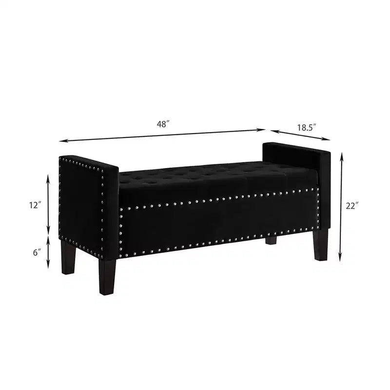 Banc de rangement en velours de 48 L, banc de rangement capitonné en velours avec boutons et clous, banc rectangulaire en velours pour lit.