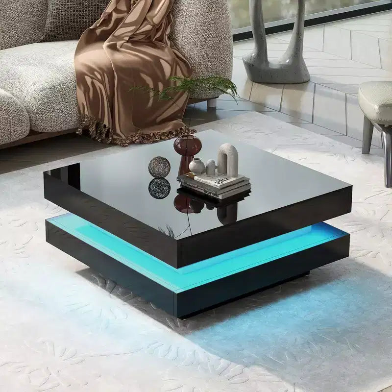 2-Tier Square Coffee Table With LED Lights Center Sofa Table Multifunctional Cocktail Table