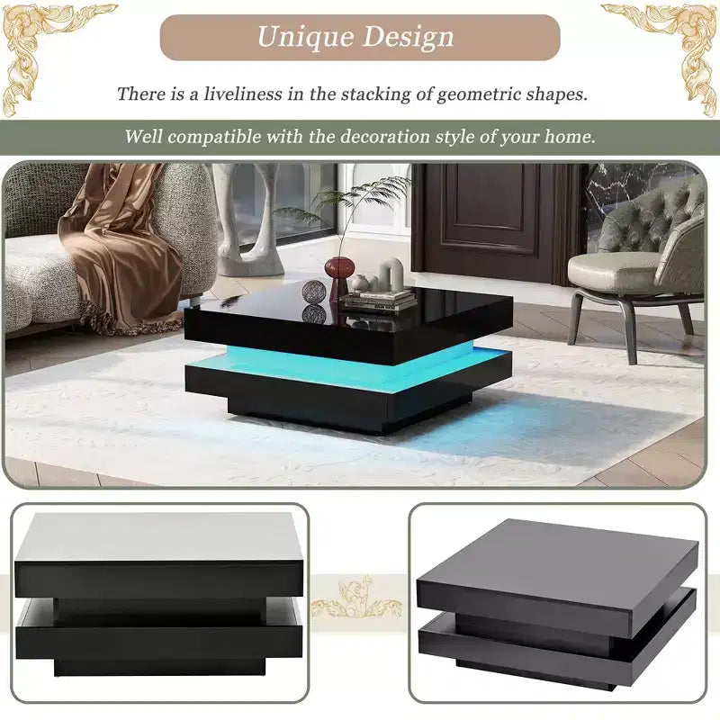 Table Basse Carrée à 2 Niveaux avec Lumières LED, Table de Canapé Centrale Multifonctionnelle