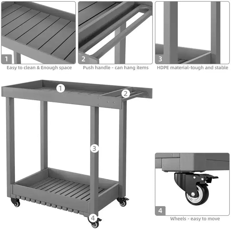 Chariot de service utilitaire avec roues, capacité de 227 kg, chariot de rangement à bacs robuste, organisateur de rangement mobile roulant polyvalent à 2 niveaux, gris
