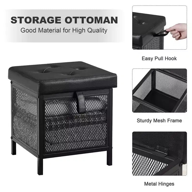 Pouffe de rangement, tabouret repose-pieds, petit cube ottoman carré de 35 cm de haut, noir