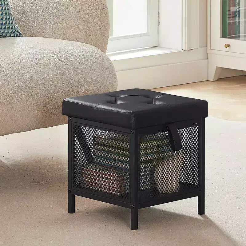 Pouffe de rangement, tabouret repose-pieds, petit cube ottoman carré de 35 cm de haut, noir