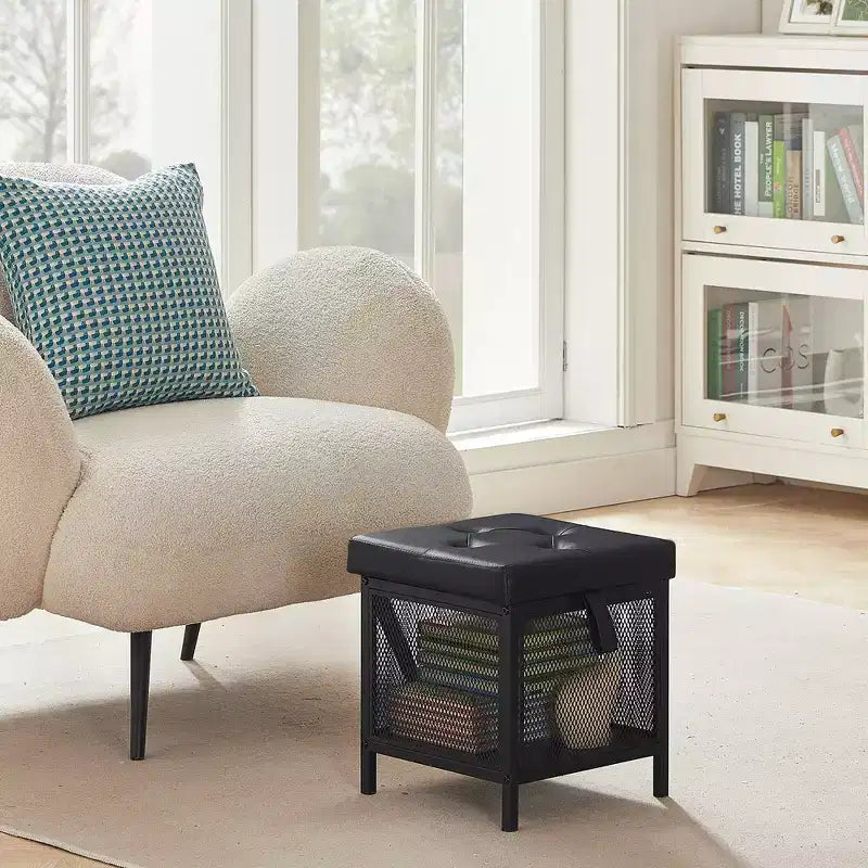 Pouffe de rangement, tabouret repose-pieds, petit cube ottoman carré de 35 cm de haut, noir