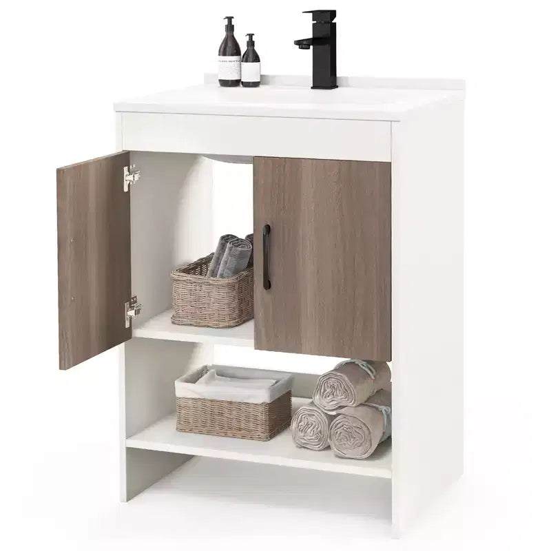 Meuble-lavabo de 25 po avec vasque, portes, étagère ouverte, dosseret, robinet et bonde escamotable