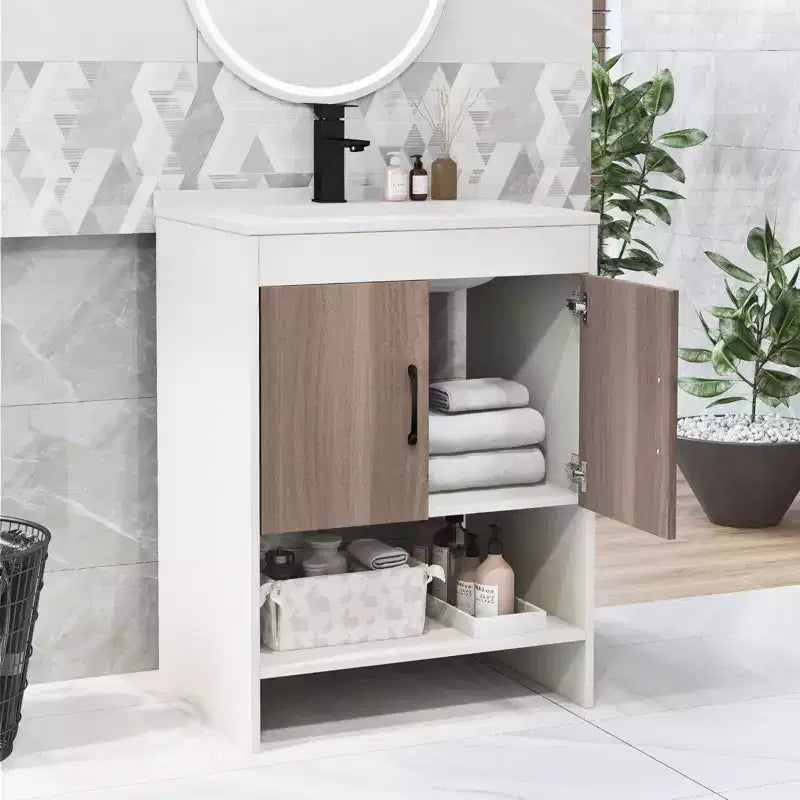 Meuble-lavabo de 25 po avec vasque, portes, étagère ouverte, dosseret, robinet et bonde escamotable