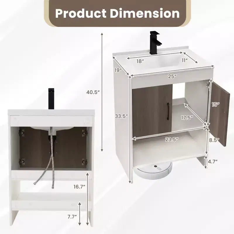 Meuble-lavabo de 25 po avec vasque, portes, étagère ouverte, dosseret, robinet et bonde escamotable