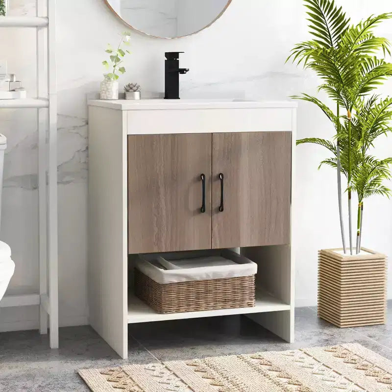 Meuble-lavabo de 25 po avec vasque, portes, étagère ouverte, dosseret, robinet et bonde escamotable