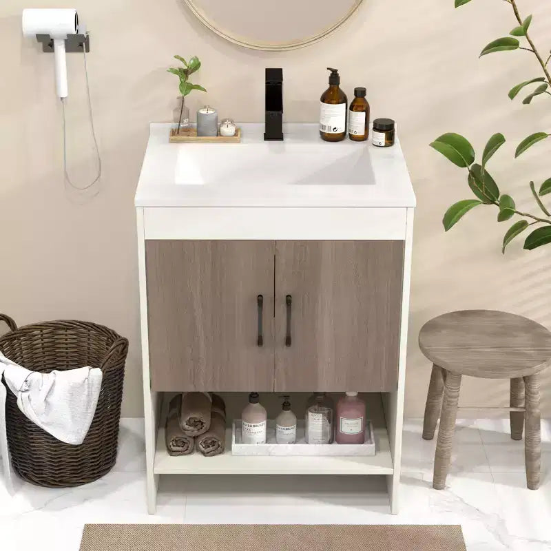 Meuble-lavabo de 25 po avec vasque, portes, étagère ouverte, dosseret, robinet et bonde escamotable