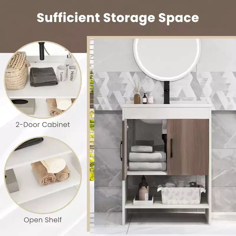 Meuble-lavabo de 25 po avec vasque, portes, étagère ouverte, dosseret, robinet et bonde escamotable
