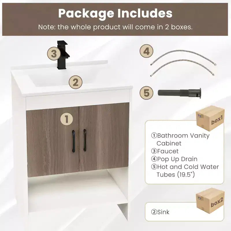 Meuble-lavabo de 25 po avec vasque, portes, étagère ouverte, dosseret, robinet et bonde escamotable