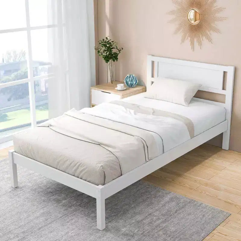 Lit plateforme en bois double/grand/très grand avec 12 lattes, tête de lit et rangement sous le lit blanc