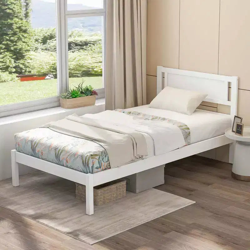 Lit plateforme en bois double/grand/très grand avec 12 lattes, tête de lit et rangement sous le lit blanc