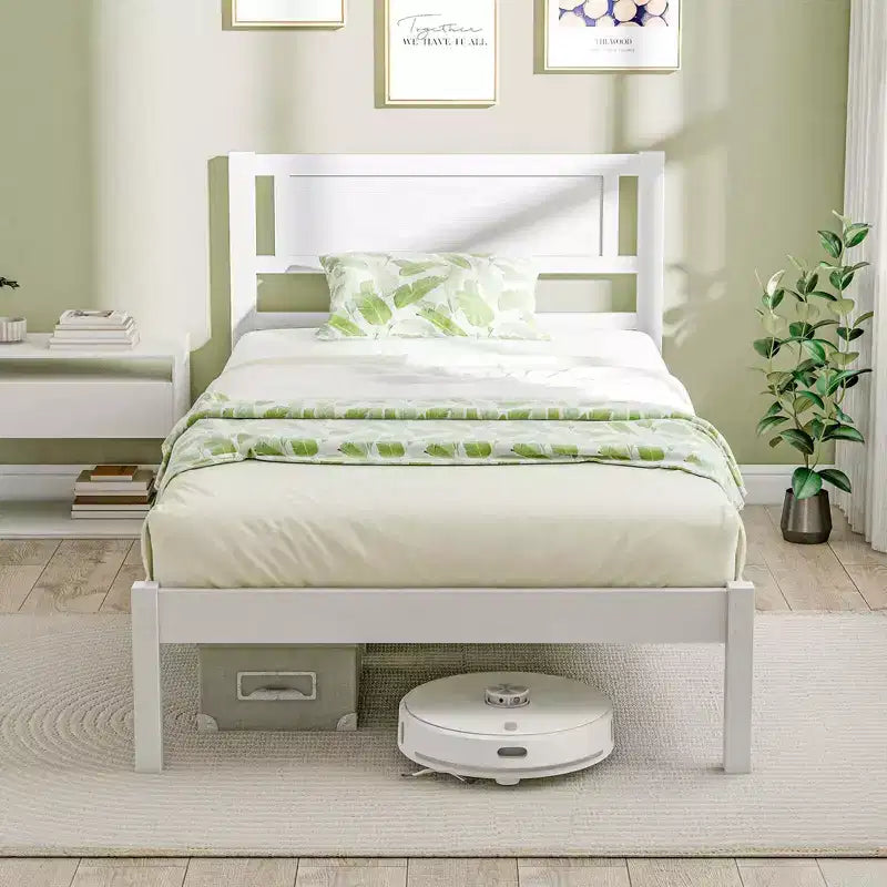 Lit plateforme en bois double/grand/très grand avec 12 lattes, tête de lit et rangement sous le lit blanc