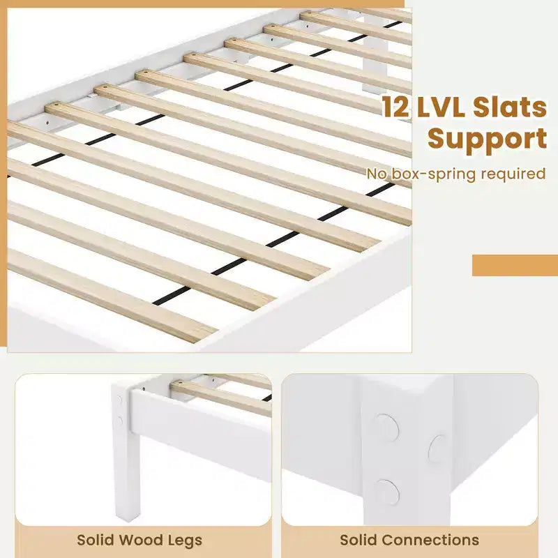 Lit plateforme en bois double/grand/très grand avec 12 lattes, tête de lit et rangement sous le lit blanc