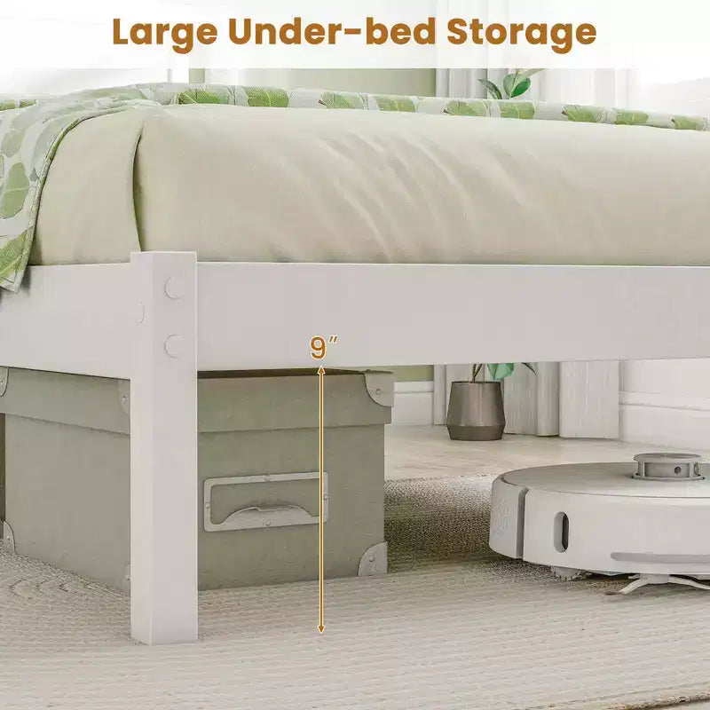 Lit plateforme en bois double/grand/très grand avec 12 lattes, tête de lit et rangement sous le lit blanc