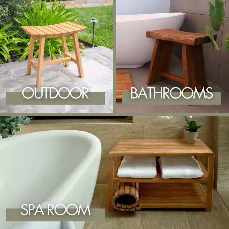 Tabouret de douche et de bain rustique en teck nordique avec siège incurvé - Marron