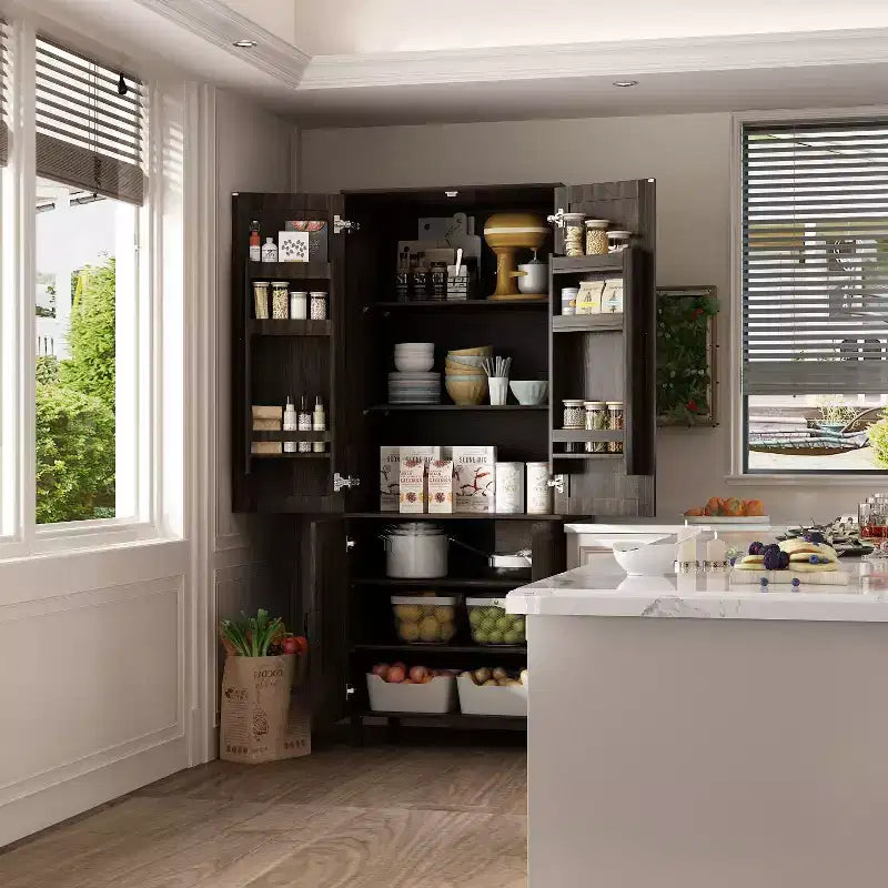 Armoire de garde-manger brune à 4 portes avec charnières réglables