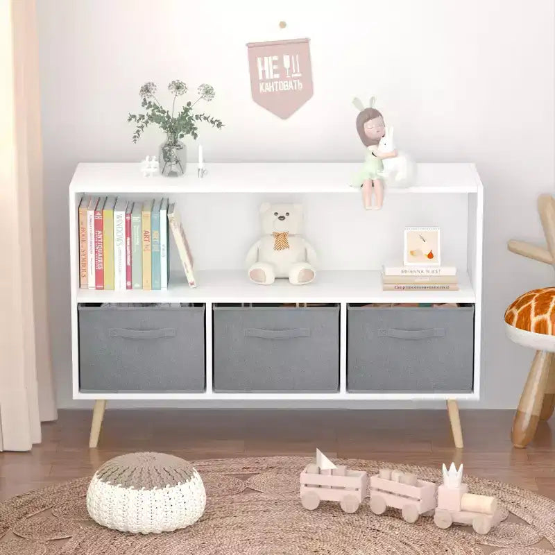2 étagères à livres pour enfants, meuble de rangement pour jouets, étagère de présentation avec 3 tiroirs, rose/gris/bleu