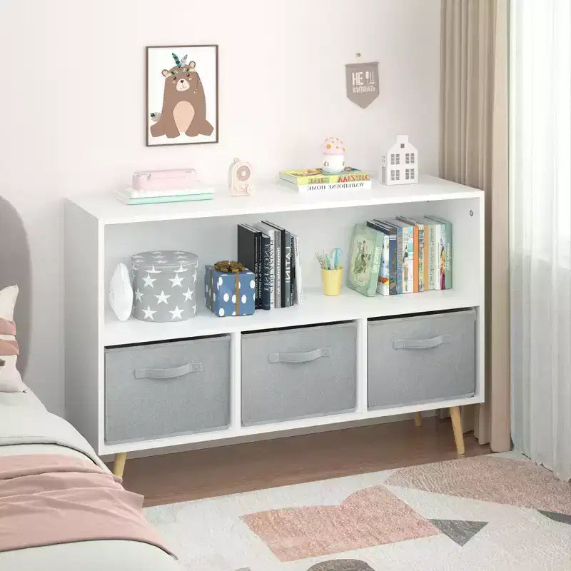 2 étagères à livres pour enfants, meuble de rangement pour jouets, étagère de présentation avec 3 tiroirs, rose/gris/bleu