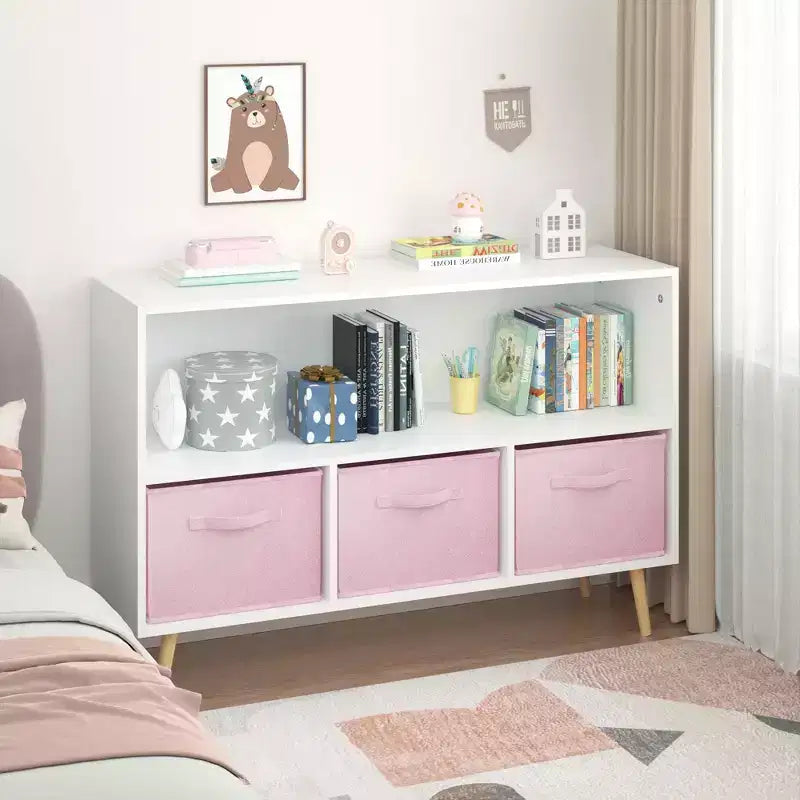 2 étagères à livres pour enfants, meuble de rangement pour jouets, étagère de présentation avec 3 tiroirs, rose/gris/bleu