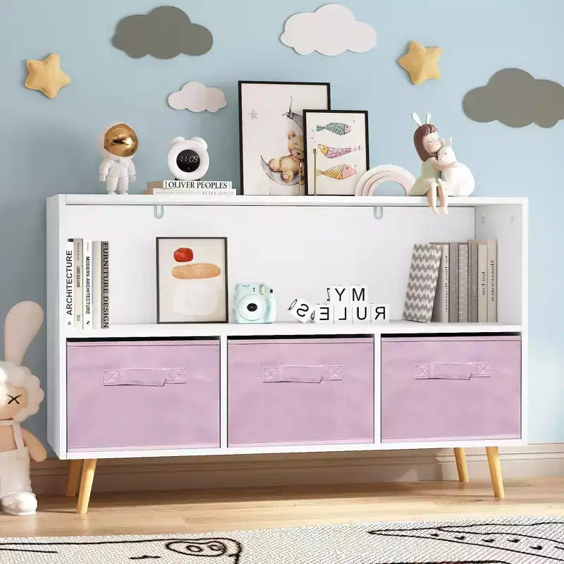 2 étagères à livres pour enfants, meuble de rangement pour jouets, étagère de présentation avec 3 tiroirs, rose/gris/bleu