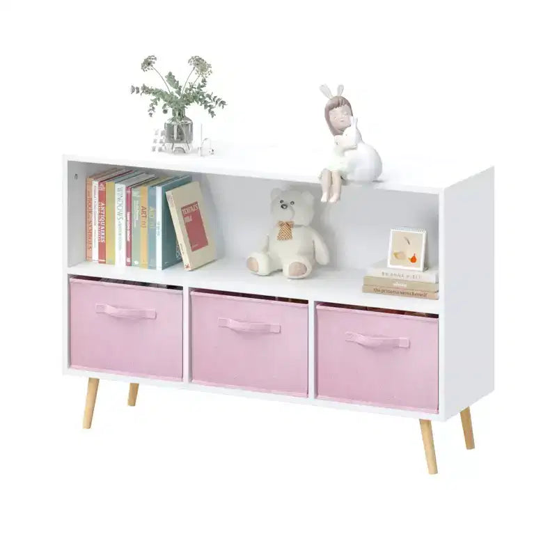 2 étagères à livres pour enfants, meuble de rangement pour jouets, étagère de présentation avec 3 tiroirs, rose/gris/bleu