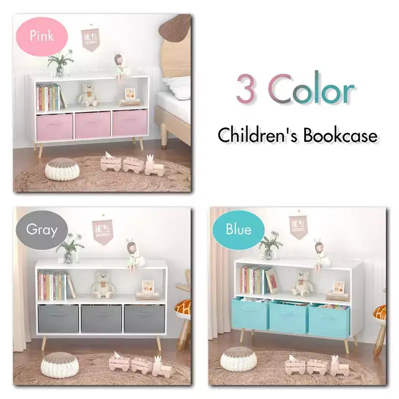 2 étagères à livres pour enfants, meuble de rangement pour jouets, étagère de présentation avec 3 tiroirs, rose/gris/bleu