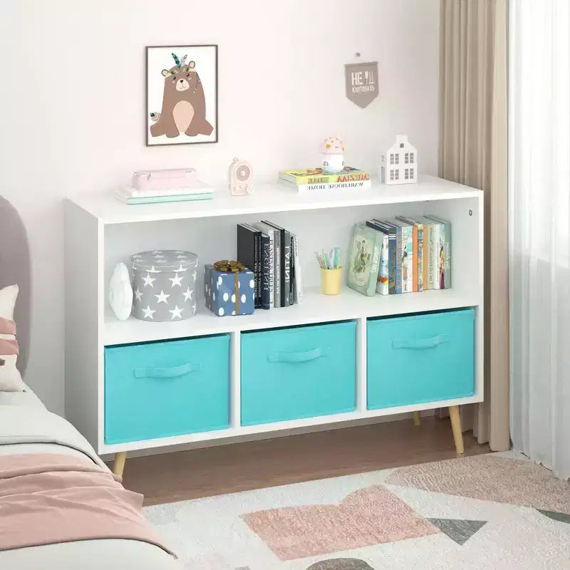 HOMLUX 2-Tier Kids Bookcase Toy Organizer Storage Cabinet Display Rack with 3 Drawers,Pink/Gray/Blue