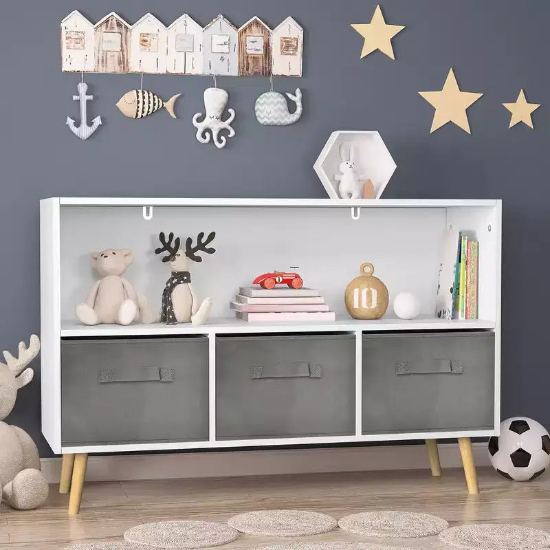2 étagères à livres pour enfants, meuble de rangement pour jouets, étagère de présentation avec 3 tiroirs, rose/gris/bleu