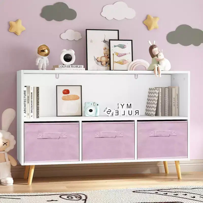 2 étagères à livres pour enfants, meuble de rangement pour jouets, étagère de présentation avec 3 tiroirs, rose/gris/bleu