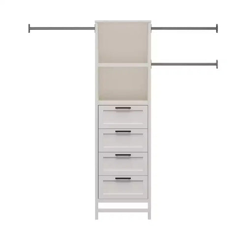 Systembuild Evolution Luxe 4-Drawer/3 Adjustable Clothing Rod Closet Tower, Ivory Oak