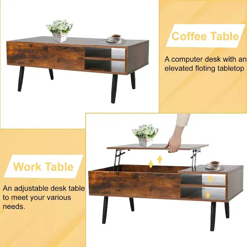Table basse relevable moderne et minimaliste FDW avec rangement dissimulé et étagères ouvertes Table basse parfaite
