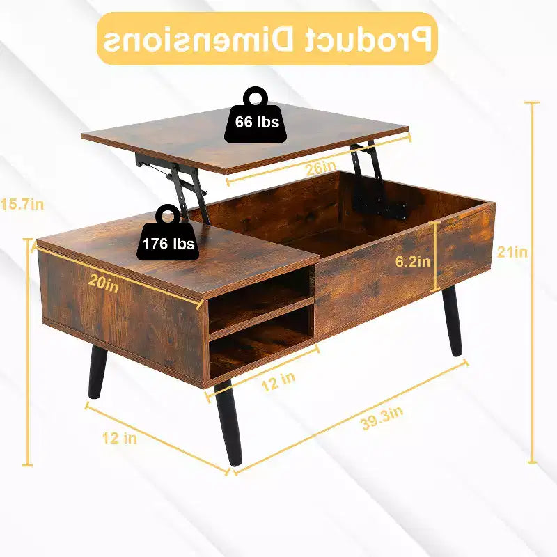 Table basse relevable moderne et minimaliste FDW avec rangement dissimulé et étagères ouvertes Table basse parfaite