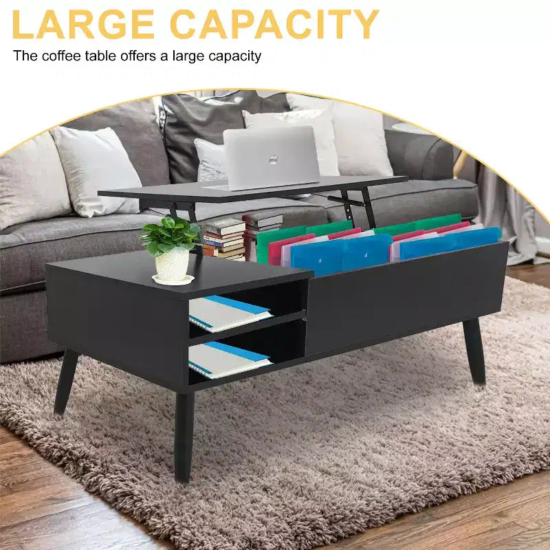 Table basse relevable moderne et minimaliste FDW avec rangement dissimulé et étagères ouvertes Table basse parfaite