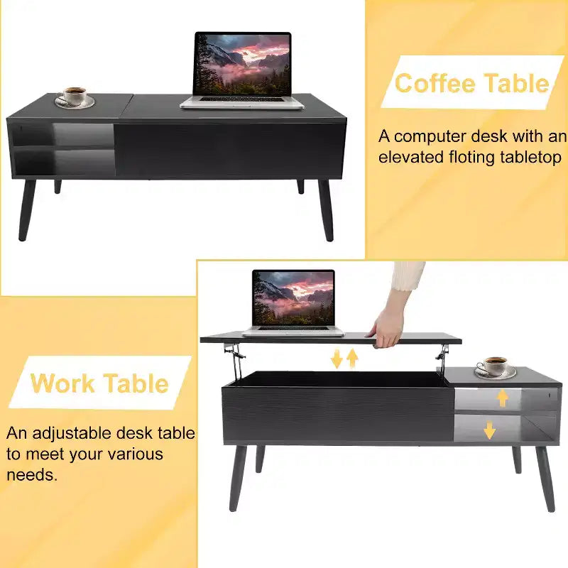 Table basse relevable moderne et minimaliste FDW avec rangement dissimulé et étagères ouvertes Table basse parfaite