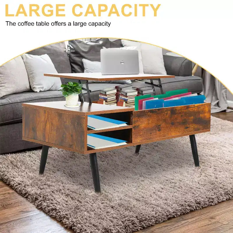 Table basse relevable moderne et minimaliste FDW avec rangement dissimulé et étagères ouvertes Table basse parfaite